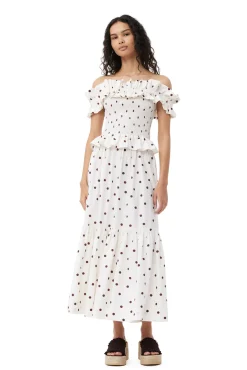 Best Sale GANNI Printed Cotton Off-Shoulder Smock Top Egret