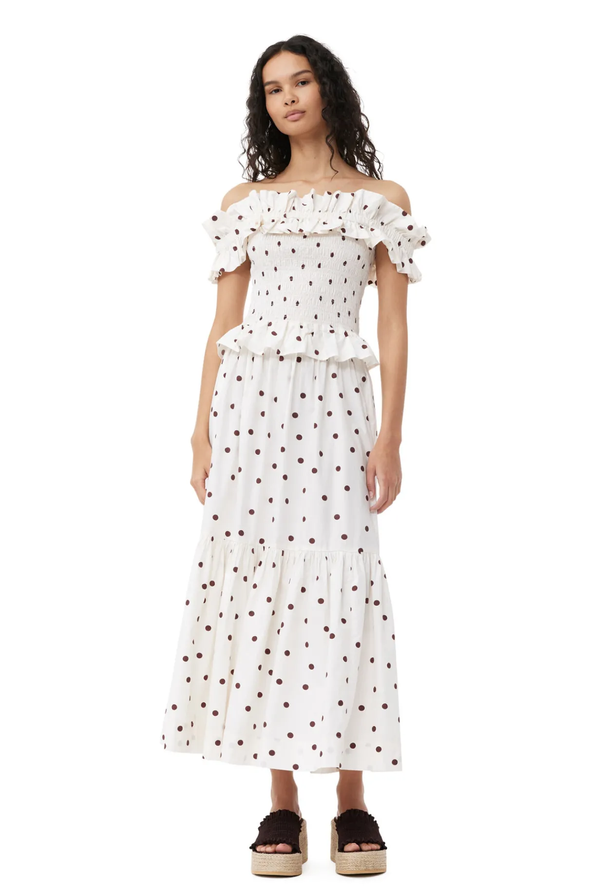Best Sale GANNI Printed Cotton Off-Shoulder Smock Top Egret