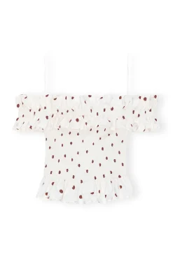Best Sale GANNI Printed Cotton Off-Shoulder Smock Top Egret