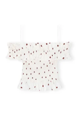 Best Sale GANNI Printed Cotton Off-Shoulder Smock Top Egret