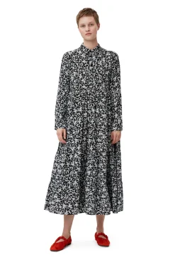 Best Sale GANNI Printed Crepe Layer Dress Black