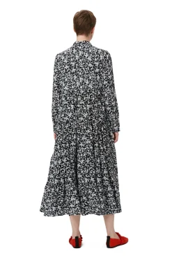 Best Sale GANNI Printed Crepe Layer Dress Black