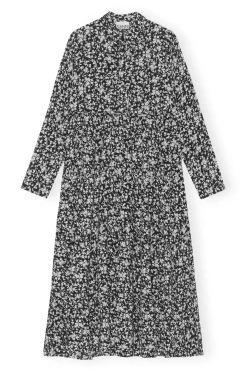 Best Sale GANNI Printed Crepe Layer Dress Black