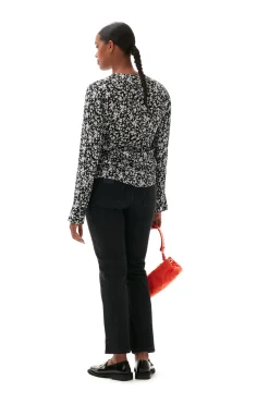 Discount GANNI Printed Crepe O-Neck Blouse Black