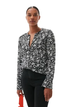 Discount GANNI Printed Crepe O-Neck Blouse Black