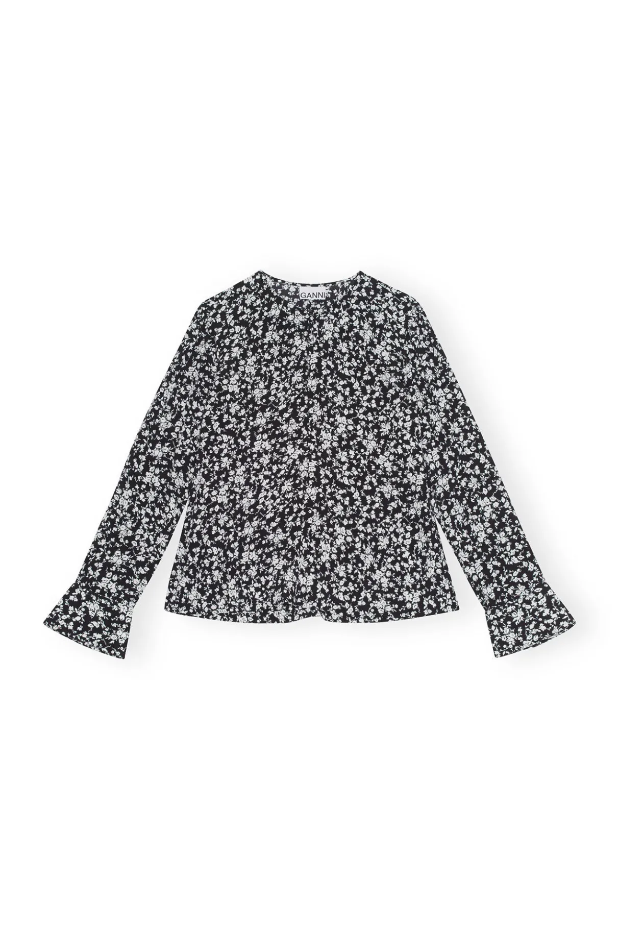 Discount GANNI Printed Crepe O-Neck Blouse Black
