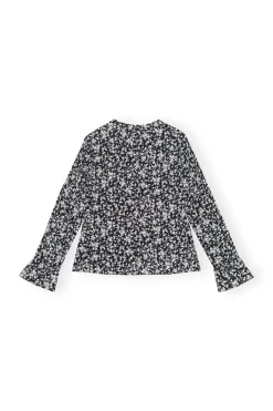 Discount GANNI Printed Crepe O-Neck Blouse Black