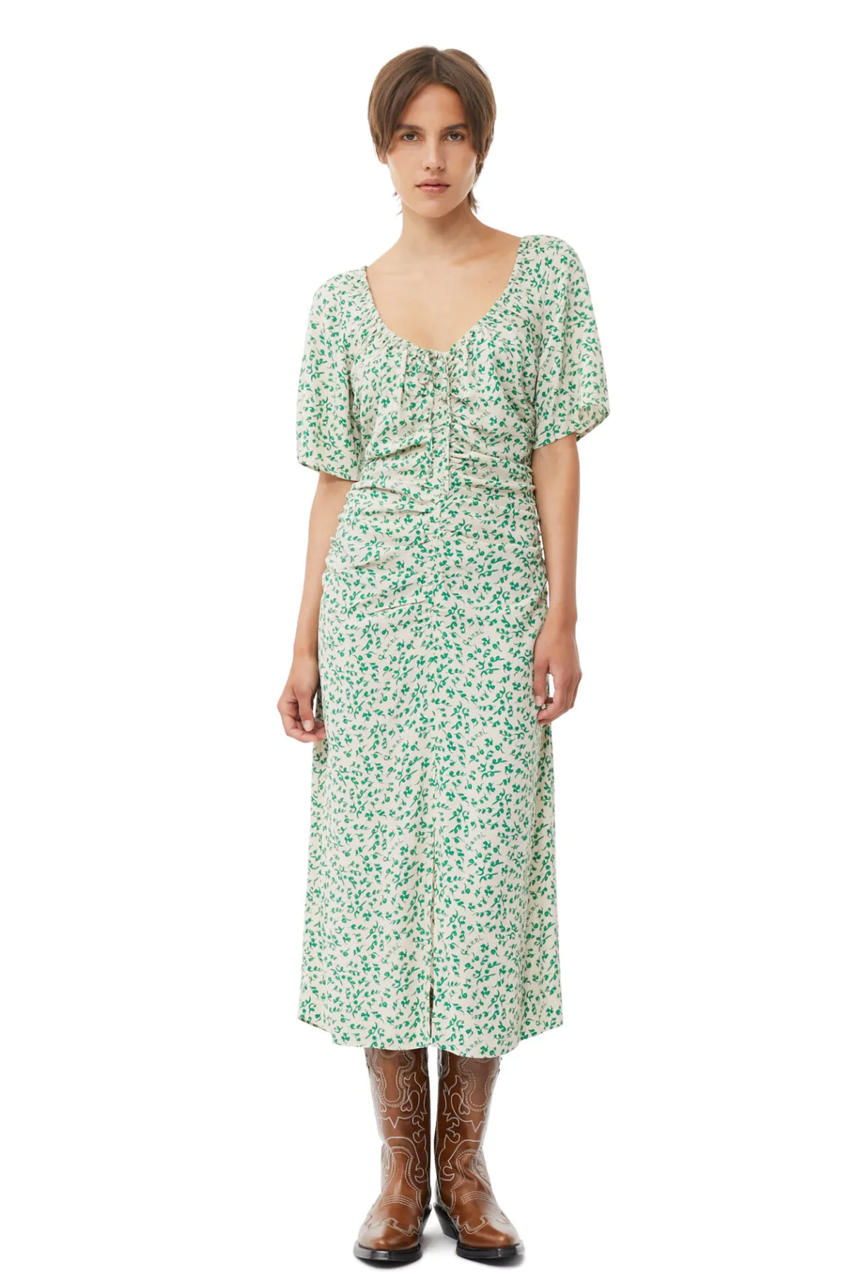 Outlet GANNI Printed Crepe U-Neck Midi Dress Tapioca