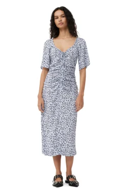 Hot GANNI Printed Crepe U-Neck Midi Dress Heather