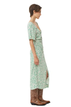 Outlet GANNI Printed Crepe U-Neck Midi Dress Tapioca