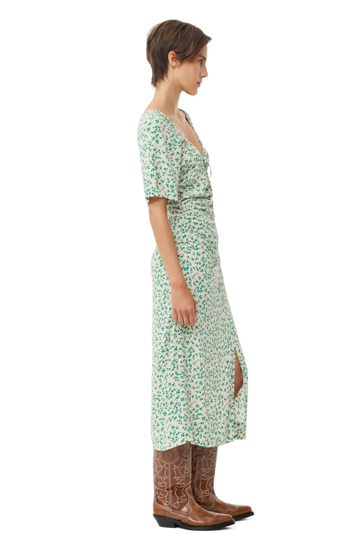 Outlet GANNI Printed Crepe U-Neck Midi Dress Tapioca