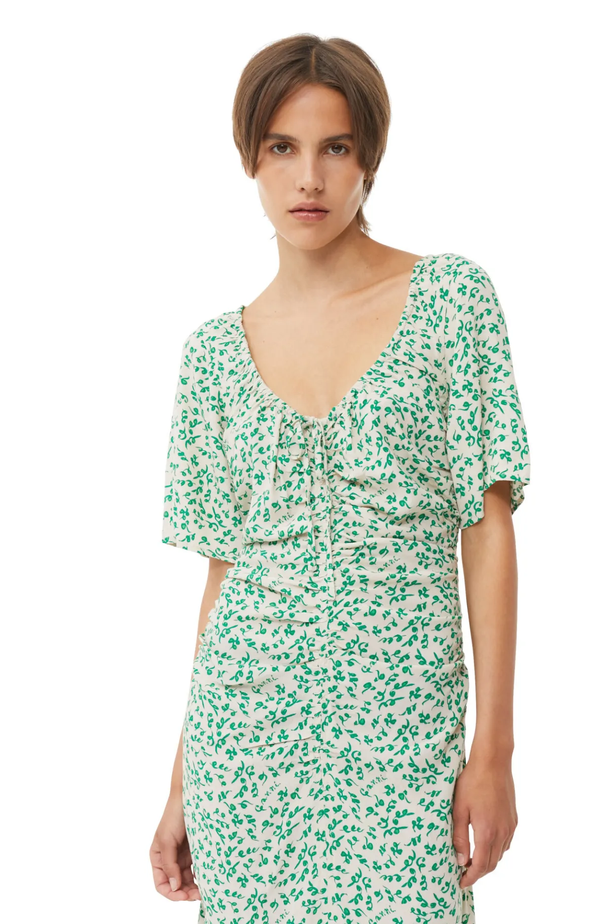 Outlet GANNI Printed Crepe U-Neck Midi Dress Tapioca
