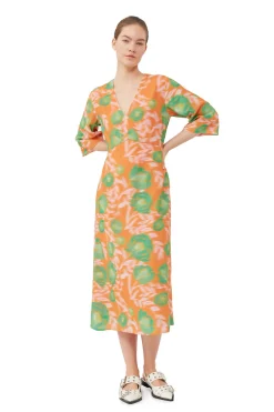 Online GANNI Printed Crepe V-Neck Dress Vibrant Orange