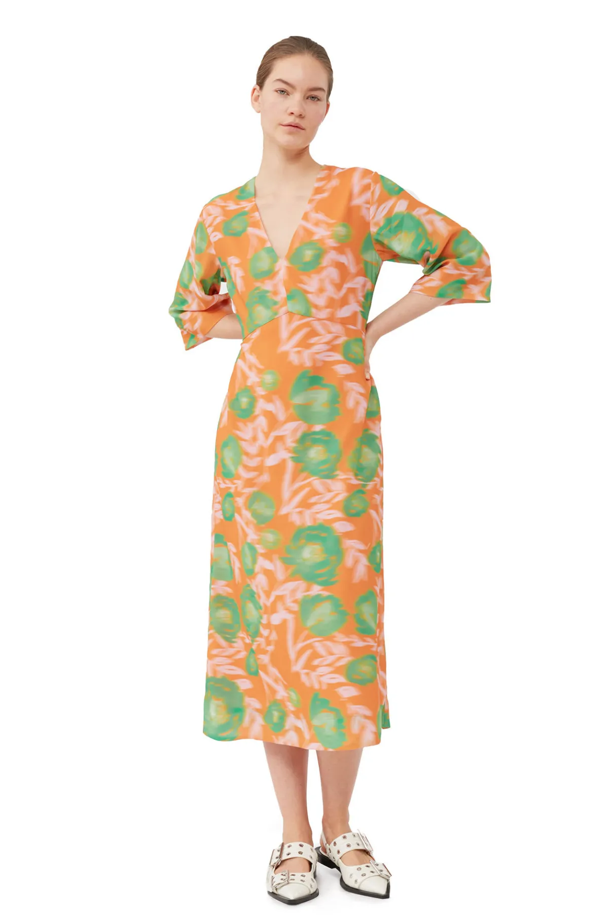 Online GANNI Printed Crepe V-Neck Dress Vibrant Orange