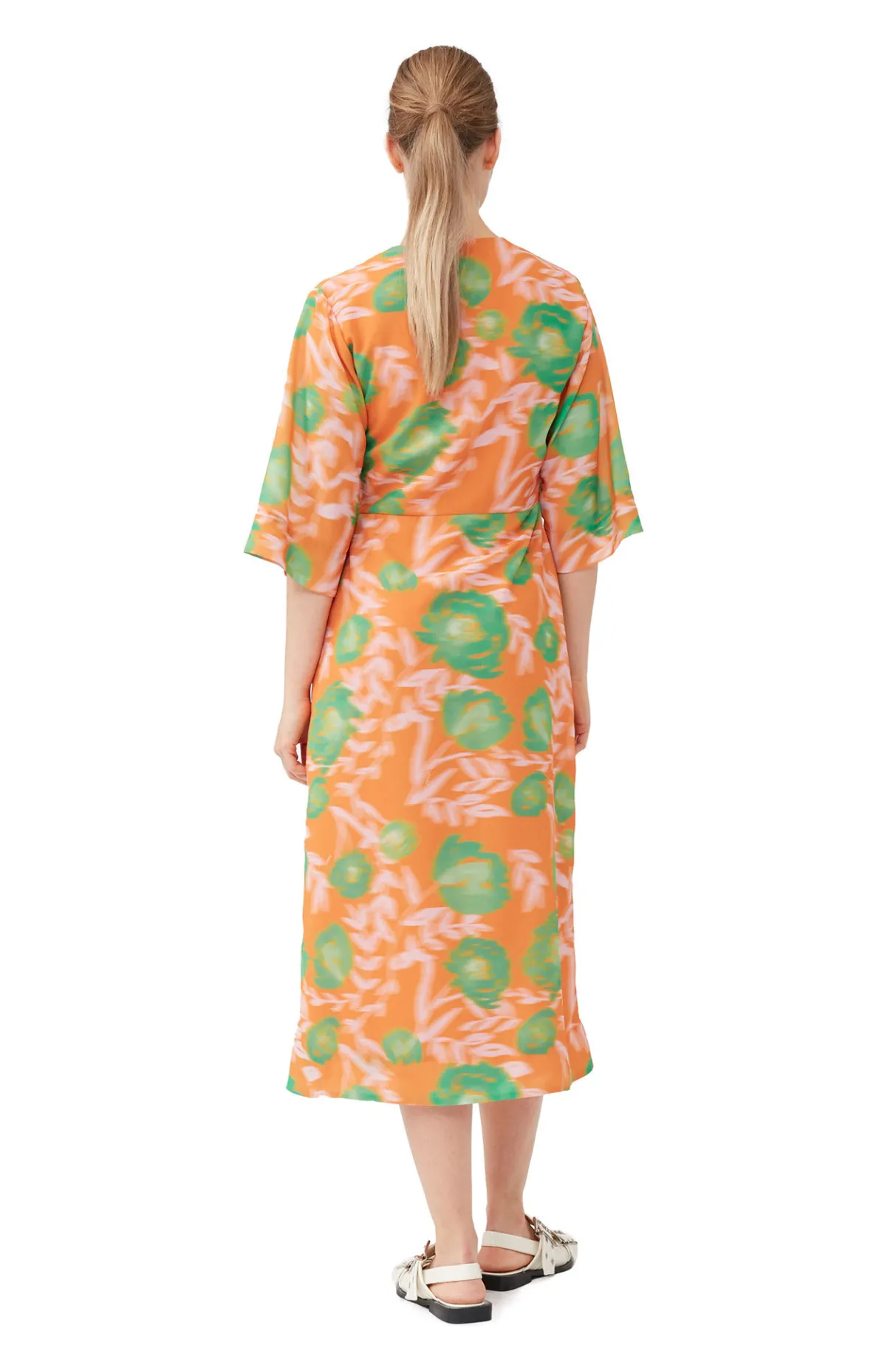 Online GANNI Printed Crepe V-Neck Dress Vibrant Orange