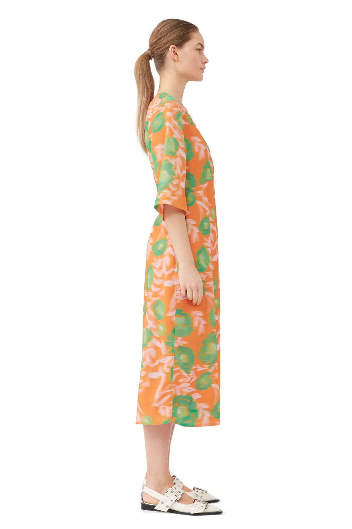 Online GANNI Printed Crepe V-Neck Dress Vibrant Orange
