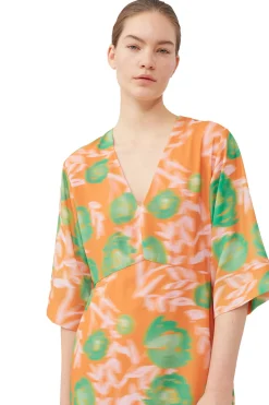 Online GANNI Printed Crepe V-Neck Dress Vibrant Orange