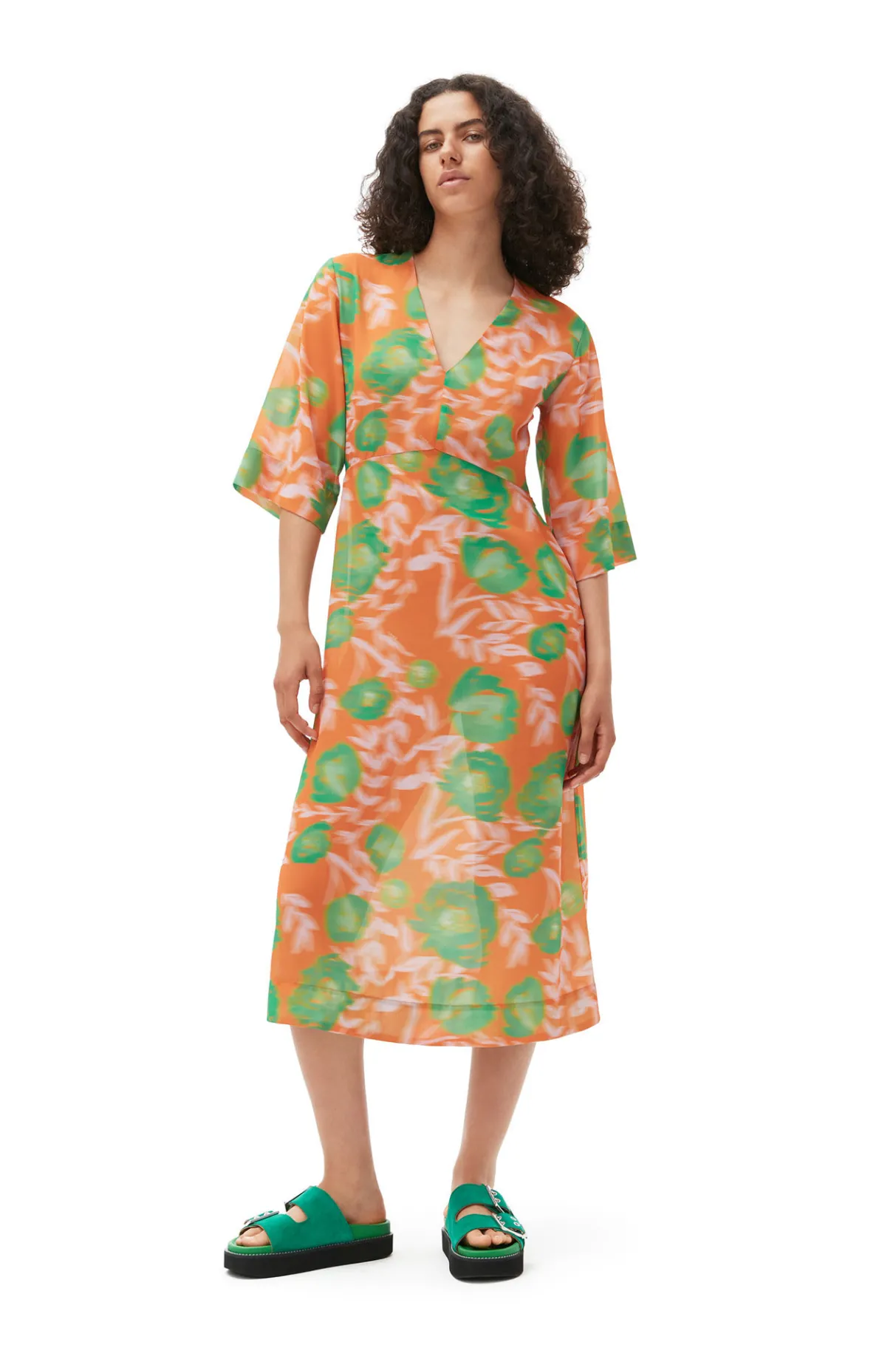 Online GANNI Printed Crepe V-Neck Dress Vibrant Orange