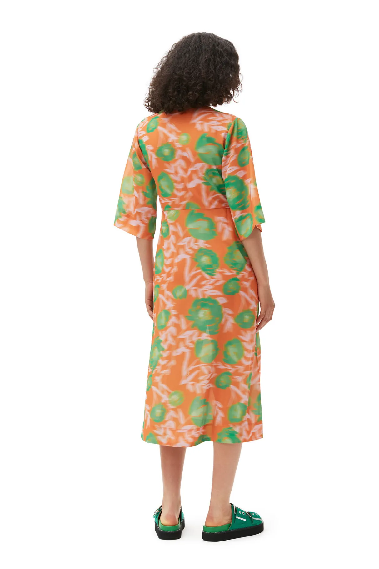 Online GANNI Printed Crepe V-Neck Dress Vibrant Orange