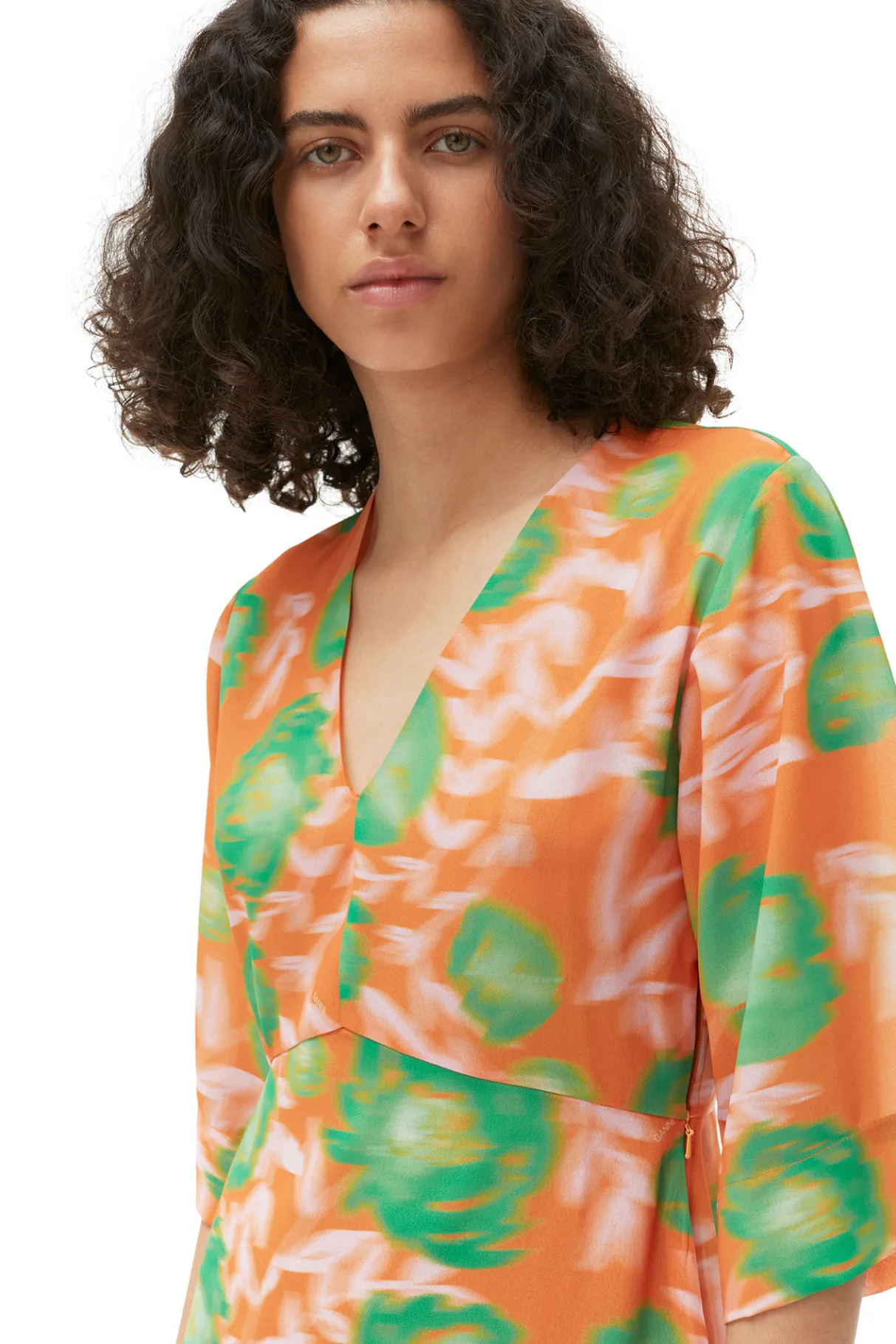 Online GANNI Printed Crepe V-Neck Dress Vibrant Orange