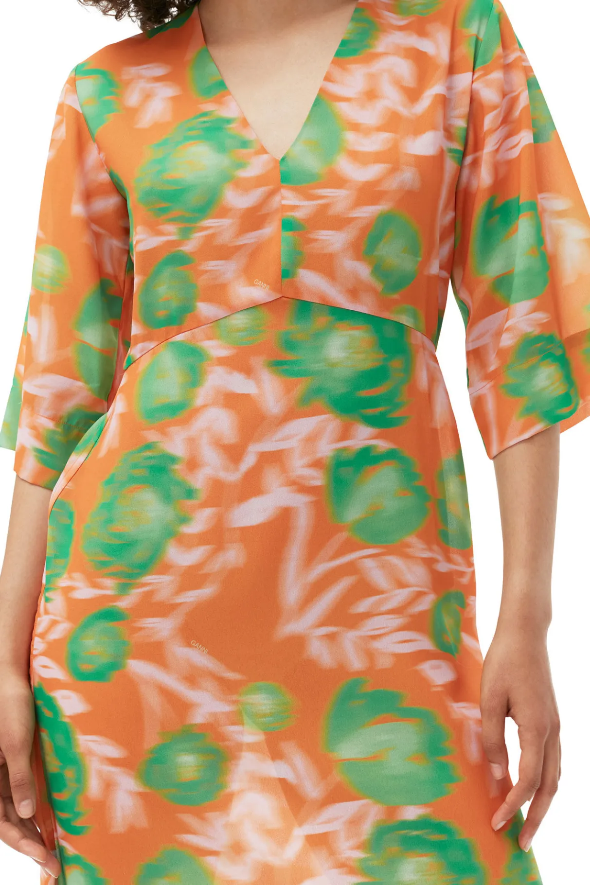 Online GANNI Printed Crepe V-Neck Dress Vibrant Orange