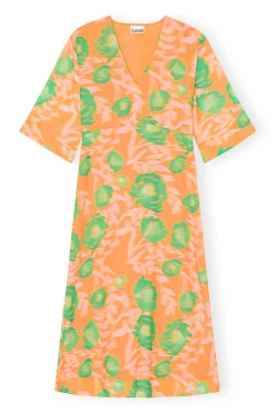 Online GANNI Printed Crepe V-Neck Dress Vibrant Orange