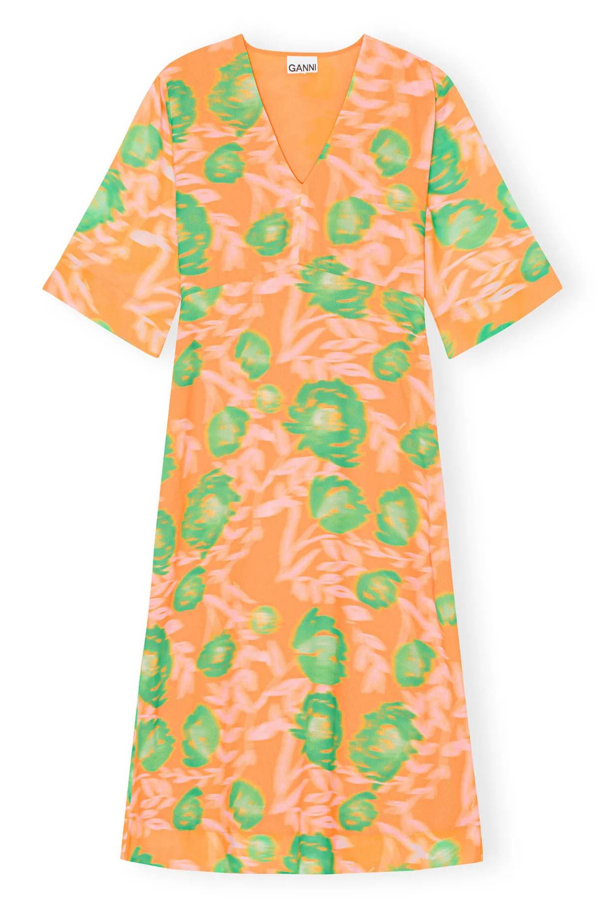 Online GANNI Printed Crepe V-Neck Dress Vibrant Orange
