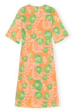 Online GANNI Printed Crepe V-Neck Dress Vibrant Orange