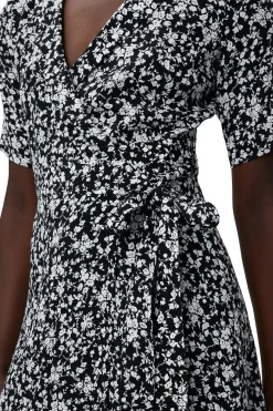 Online GANNI Printed Crepe Wrap Dress Black