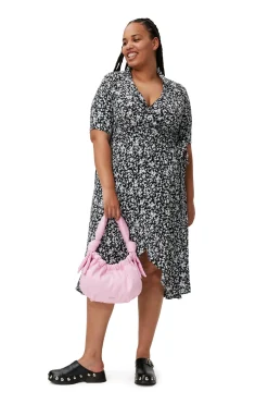 Online GANNI Printed Crepe Wrap Dress Black