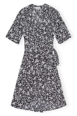 Online GANNI Printed Crepe Wrap Dress Black