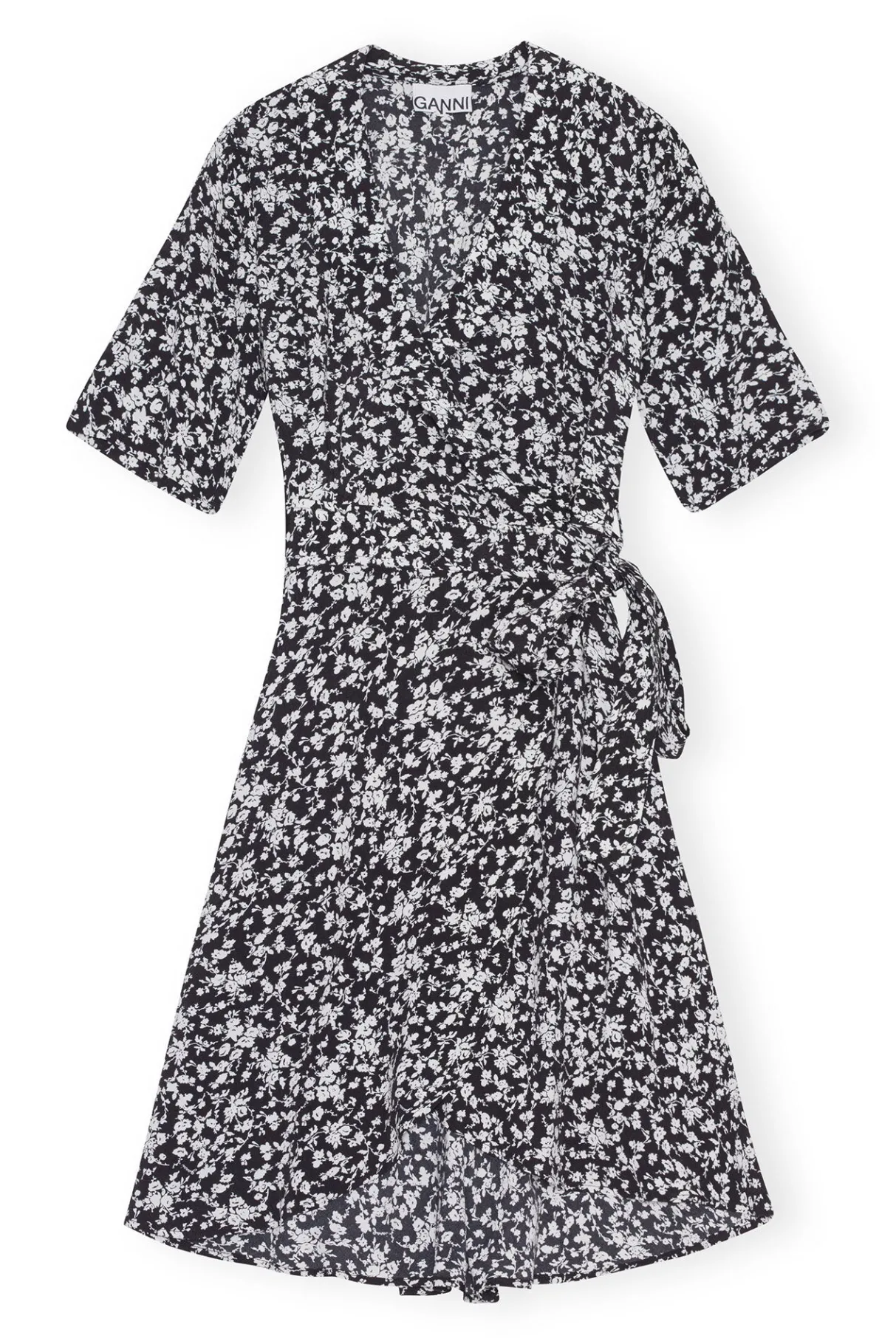 Online GANNI Printed Crepe Wrap Dress Black