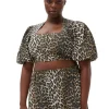 Clearance GANNI Printed Cropped Zipper Blouse Big Leopard Almond Milk