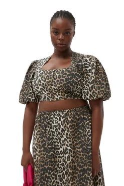 Clearance GANNI Printed Cropped Zipper Blouse Big Leopard Almond Milk