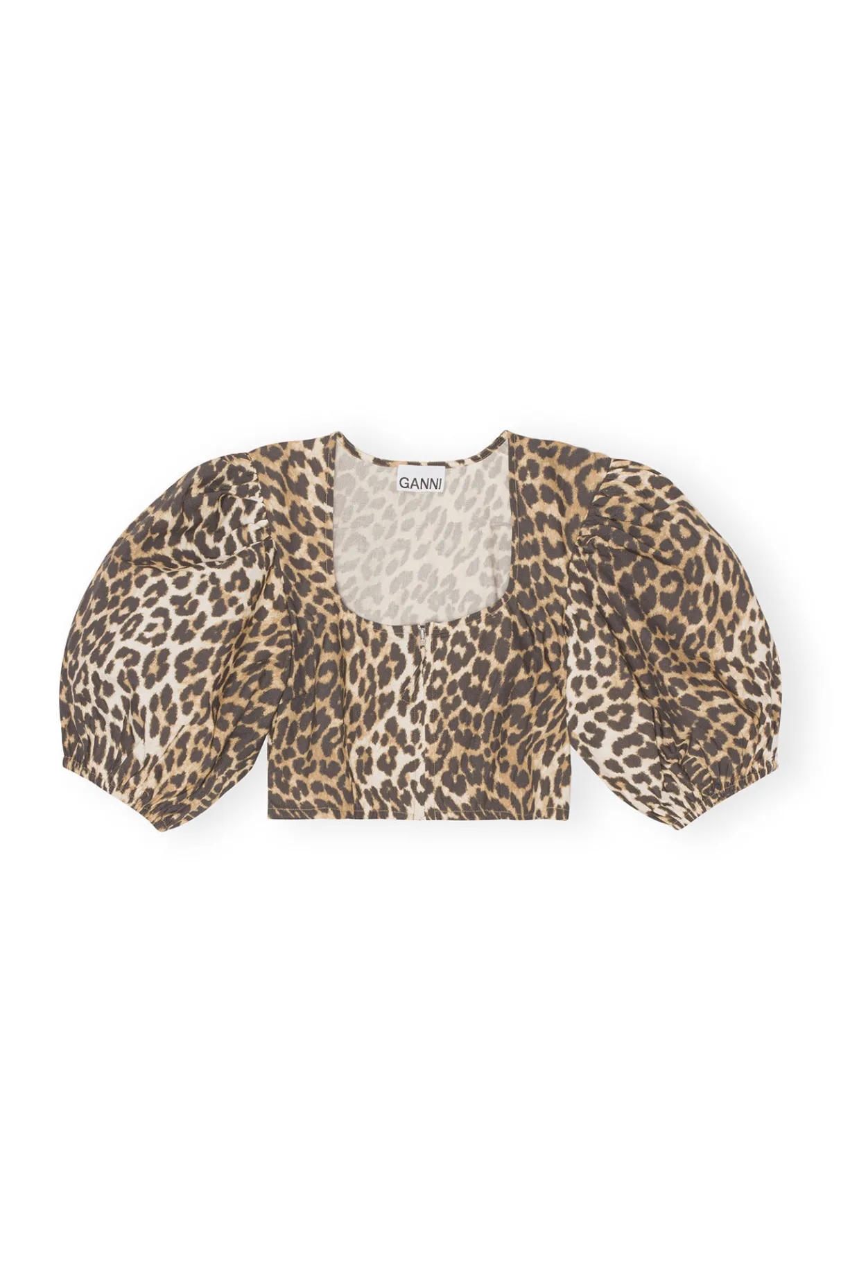 Clearance GANNI Printed Cropped Zipper Blouse Big Leopard Almond Milk