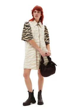 Cheap GANNI Printed Denim Mini Dress Pale Khaki