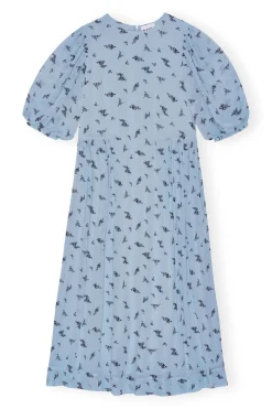 Discount GANNI Printed Georgette Puff Sleeve Midi Dress Brunnera Blue