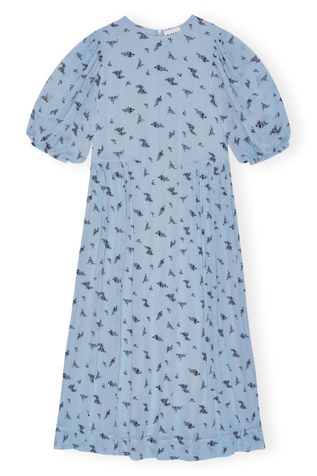 Discount GANNI Printed Georgette Puff Sleeve Midi Dress Brunnera Blue