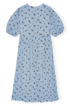 Discount GANNI Printed Georgette Puff Sleeve Midi Dress Brunnera Blue