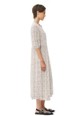 Shop GANNI Printed Georgette Puff Sleeve Midi Dress Egret