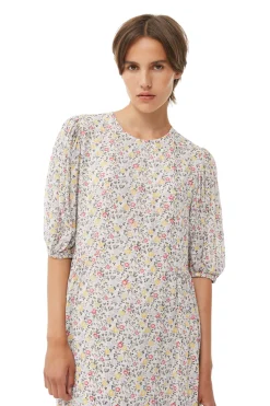 Shop GANNI Printed Georgette Puff Sleeve Midi Dress Egret