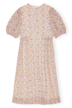 Shop GANNI Printed Georgette Puff Sleeve Midi Dress Egret