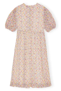 Shop GANNI Printed Georgette Puff Sleeve Midi Dress Egret