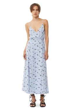 Hot GANNI Printed Georgette Strap Wrap Dress Brunnera Blue