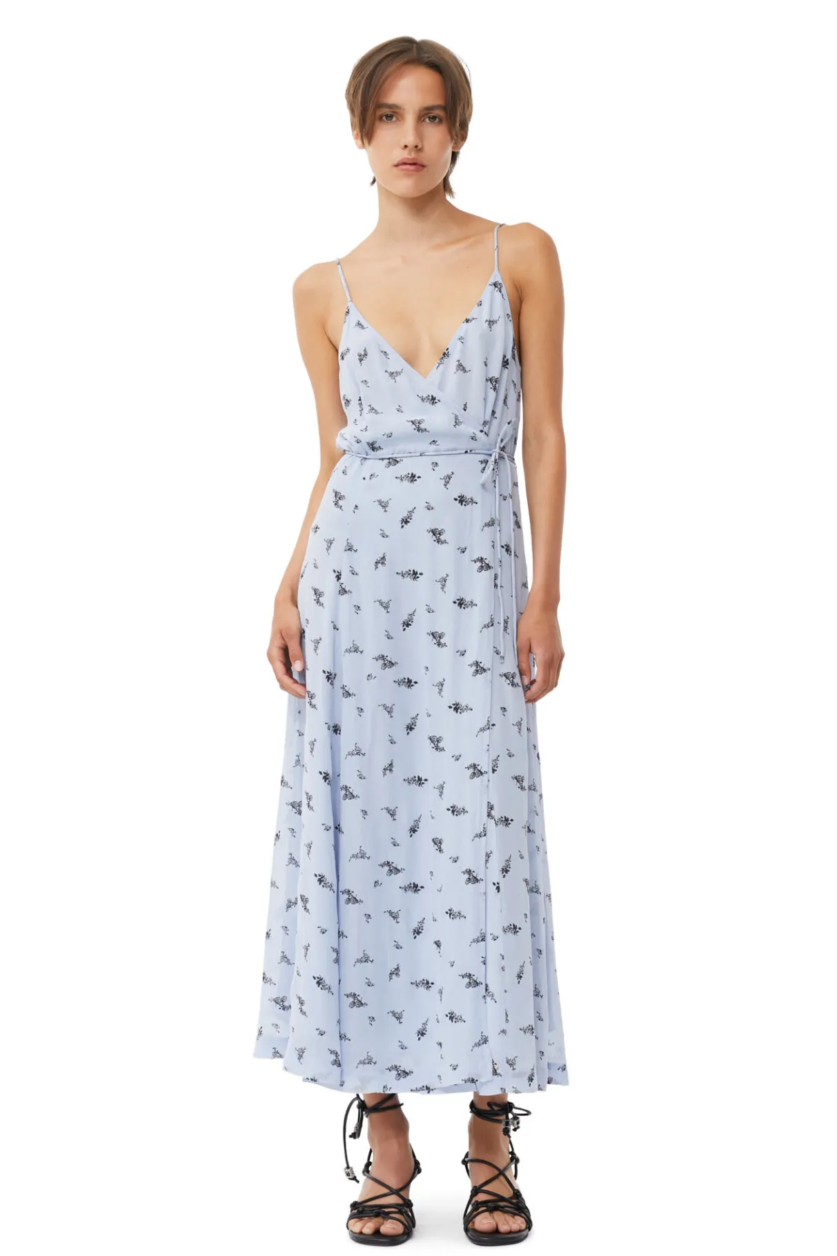 Hot GANNI Printed Georgette Strap Wrap Dress Brunnera Blue
