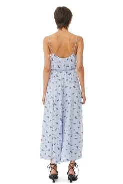 Hot GANNI Printed Georgette Strap Wrap Dress Brunnera Blue