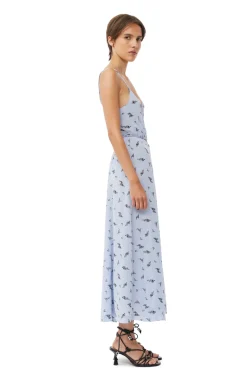 Hot GANNI Printed Georgette Strap Wrap Dress Brunnera Blue