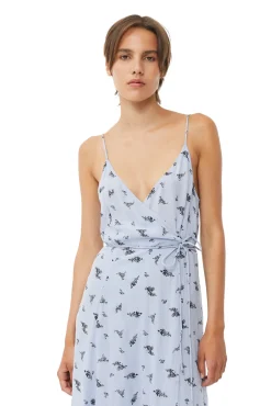 Hot GANNI Printed Georgette Strap Wrap Dress Brunnera Blue