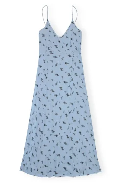 Hot GANNI Printed Georgette Strap Wrap Dress Brunnera Blue