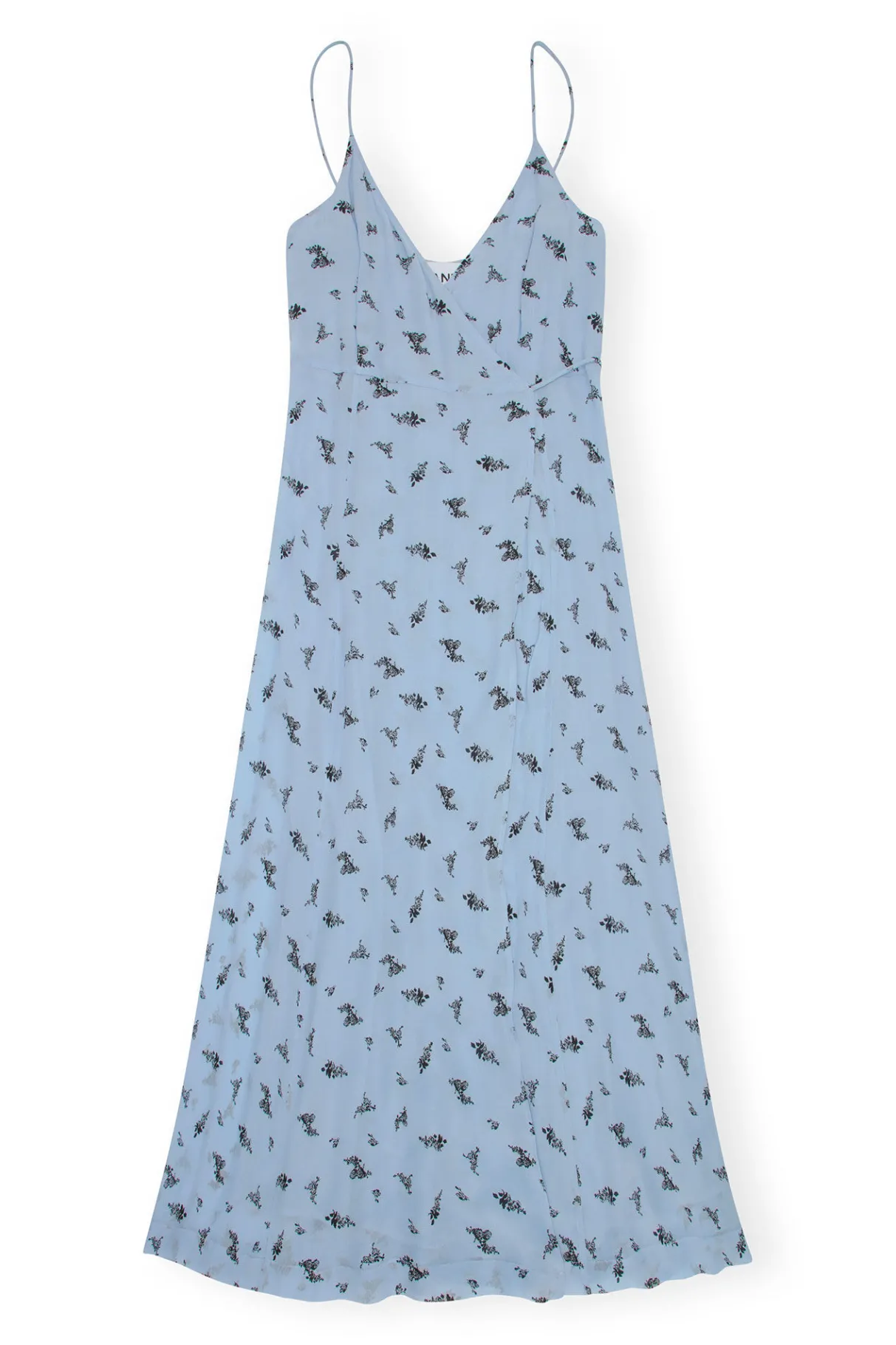 Hot GANNI Printed Georgette Strap Wrap Dress Brunnera Blue